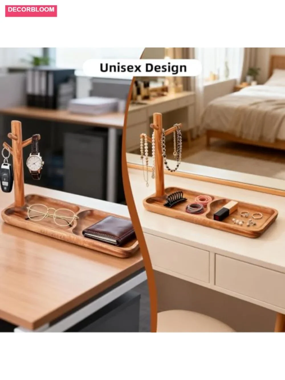 Acacia Wood Key Tray with Jewelry Rack Entryway Organizer